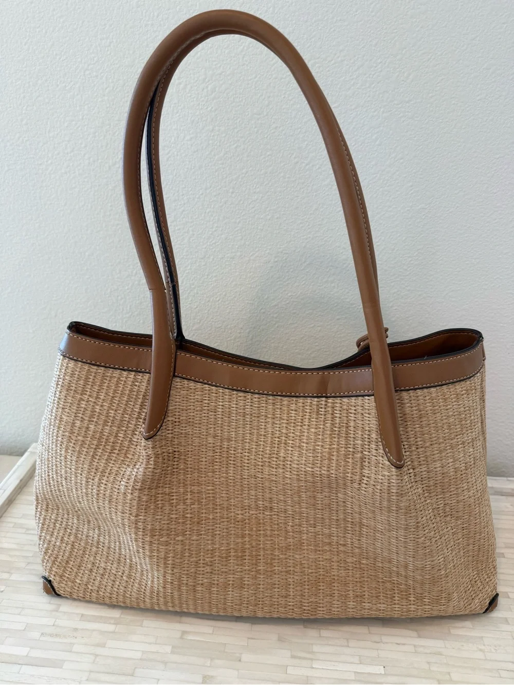 Nine West Woven Straw Tote with Brown Leather Trim